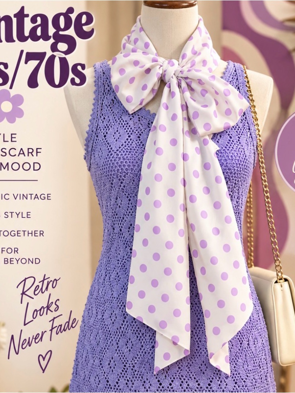 Vintage 60s mod era- polka dot - large Bow Scarf